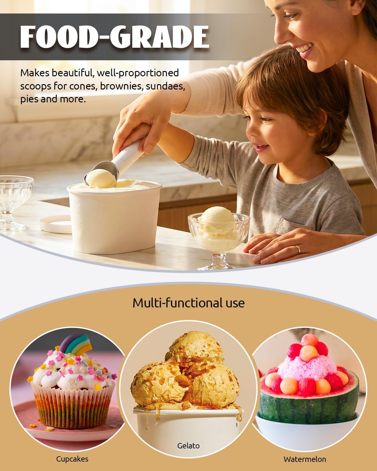 Heated Ice Cream Scoop - Rechargeable Electric Scooper for Hard Frozen Ice Cream, 158°F Fast Heating, LED Display, Food-Grade IP67 Waterproof, Cordless for Seniors & Kids