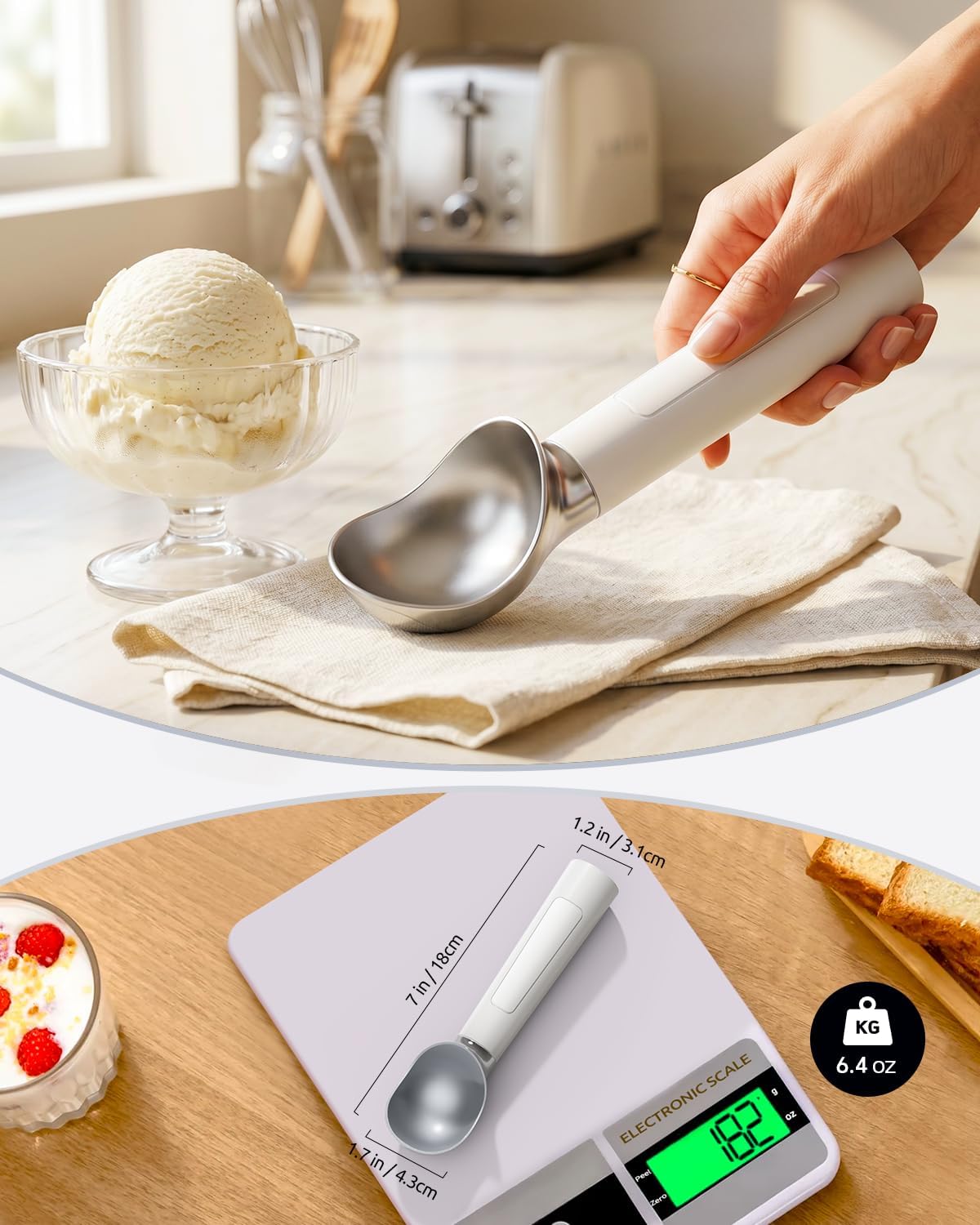Heated Ice Cream Scoop - Rechargeable Electric Scooper for Hard Frozen Ice Cream, 158°F Fast Heating, LED Display, Food-Grade IP67 Waterproof, Cordless for Seniors & Kids