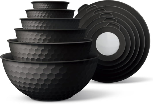 Mixing Bowls with Lids - 12 Piece Plastic Nesting Bowls Set includes 6 Prep Bowls and 6 Lids, Microwave Safe Mixing Bowl Set, Black Embossed - Colors A