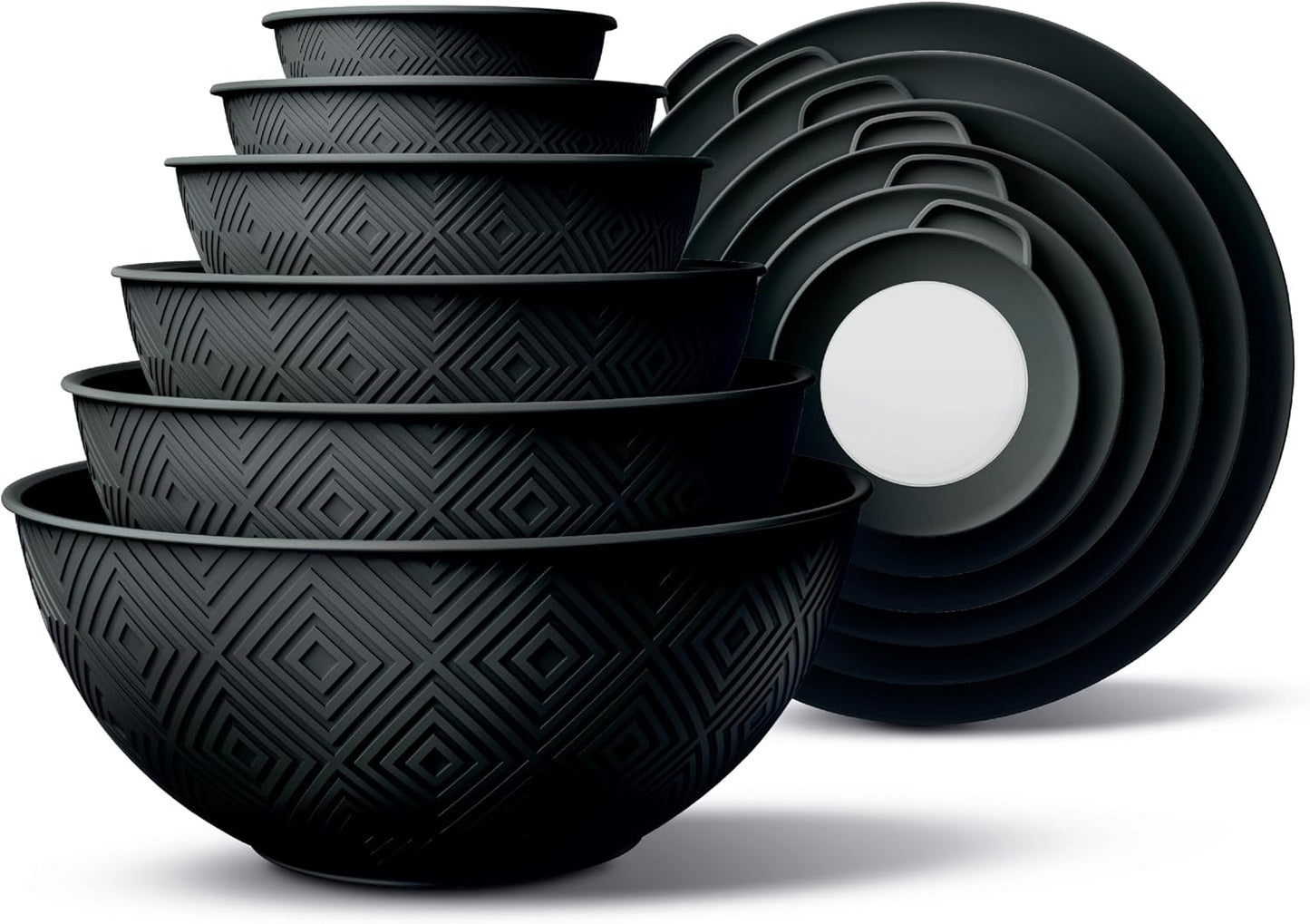 Mixing Bowls with Lids - 12 Piece Plastic Nesting Bowls Set includes 6 Prep Bowls and 6 Lids, Microwave Safe Mixing Bowl Set, Black Embossed - Colors A
