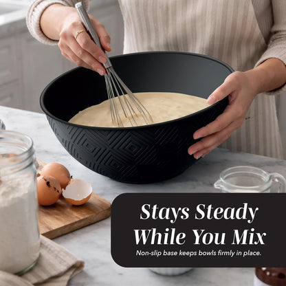 Mixing Bowls with Lids - 12 Piece Plastic Nesting Bowls Set includes 6 Prep Bowls and 6 Lids, Microwave Safe Mixing Bowl Set, Black Embossed - Colors A