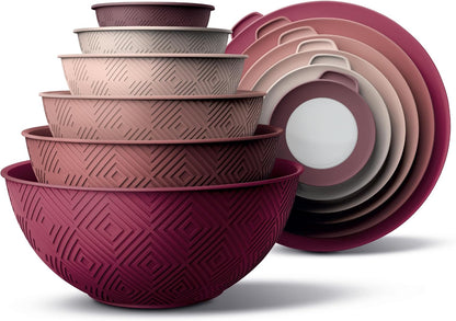 Mixing Bowls with Lids - 12 Piece Plastic Nesting Bowls Set includes 6 Prep Bowls and 6 Lids, Microwave Safe Mixing Bowl Set, Black Embossed - Colors A