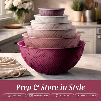 Mixing Bowls with Lids - 12 Piece Plastic Nesting Bowls Set includes 6 Prep Bowls and 6 Lids, Microwave Safe Mixing Bowl Set, Black Embossed - Colors A