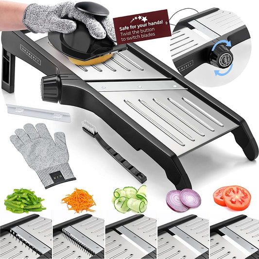 Gramercy Adjustable Mandoline Food Slicer, Mandoline Slicer for Kitchen, Mandolin, Potato, Tomato, Carrot, Vegetable, Fruit and Onion Cutter, Stainless Steel, INCLUDING Cut-Resistant Glove, Black Lite