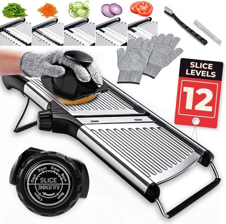 Gramercy Adjustable Mandoline Food Slicer, Mandoline Slicer for Kitchen, Mandolin, Potato, Tomato, Carrot, Vegetable, Fruit and Onion Cutter, Stainless Steel, INCLUDING Cut-Resistant Glove, Black Lite