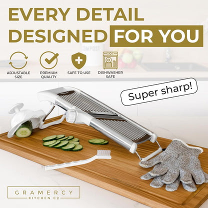 Gramercy Adjustable Mandoline Food Slicer, Mandoline Slicer for Kitchen, Mandolin, Potato, Tomato, Carrot, Vegetable, Fruit and Onion Cutter, Stainless Steel, INCLUDING Cut-Resistant Glove, Black Lite