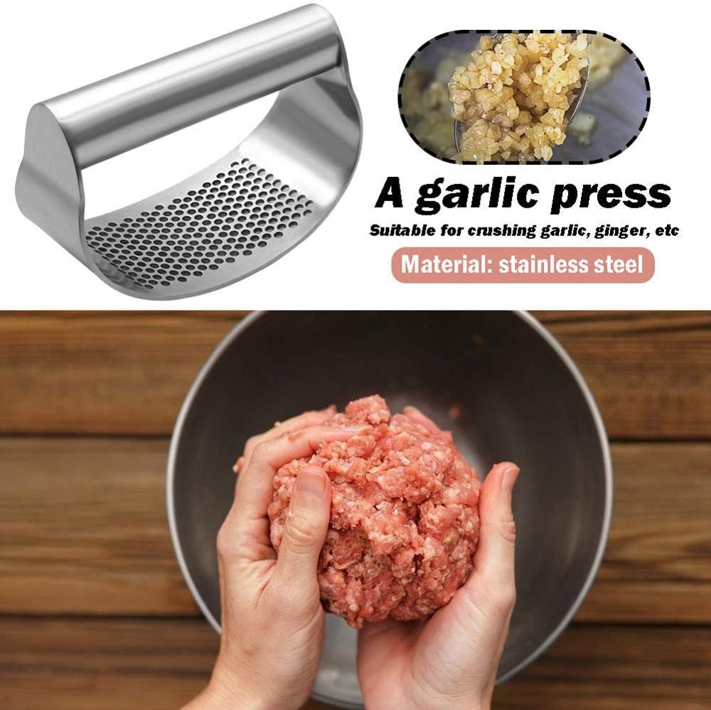 Garlic Press Rocker Stainless Steel, Fruit Crusher with Comfortable Handle Porous Surface, Easy Use & Clean, Vegetable Squeezer Kitchen Tool