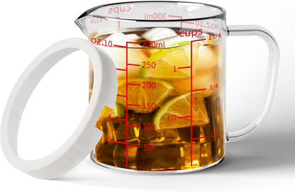 Glass Measuring Cup, 1 1/4-Cup/300 ML Liquid Measuring Cups, Measuring Cup With Handle and V-Shaped Spout, Glass Beaker with Three Scales (OZ, Cup, ML), Dishwasher/Freezer/Microwave Safe