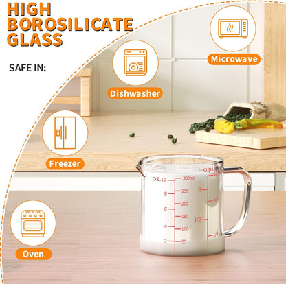 Glass Measuring Cup, 1 1/4-Cup/300 ML Liquid Measuring Cups, Measuring Cup With Handle and V-Shaped Spout, Glass Beaker with Three Scales (OZ, Cup, ML), Dishwasher/Freezer/Microwave Safe