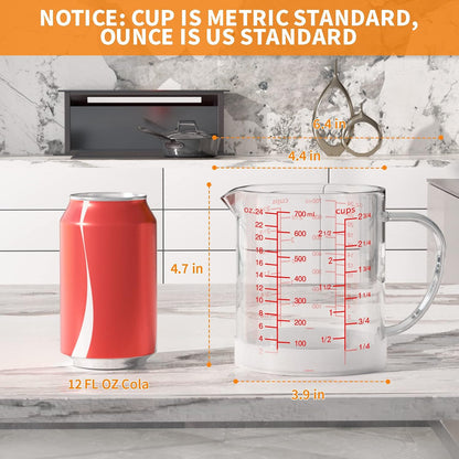 Glass Measuring Cup, 1 1/4-Cup/300 ML Liquid Measuring Cups, Measuring Cup With Handle and V-Shaped Spout, Glass Beaker with Three Scales (OZ, Cup, ML), Dishwasher/Freezer/Microwave Safe