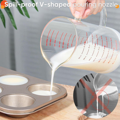 Glass Measuring Cup, 1 1/4-Cup/300 ML Liquid Measuring Cups, Measuring Cup With Handle and V-Shaped Spout, Glass Beaker with Three Scales (OZ, Cup, ML), Dishwasher/Freezer/Microwave Safe
