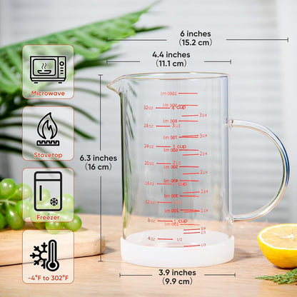 Glass Measuring Cup, 1 1/4-Cup/300 ML Liquid Measuring Cups, Measuring Cup With Handle and V-Shaped Spout, Glass Beaker with Three Scales (OZ, Cup, ML), Dishwasher/Freezer/Microwave Safe