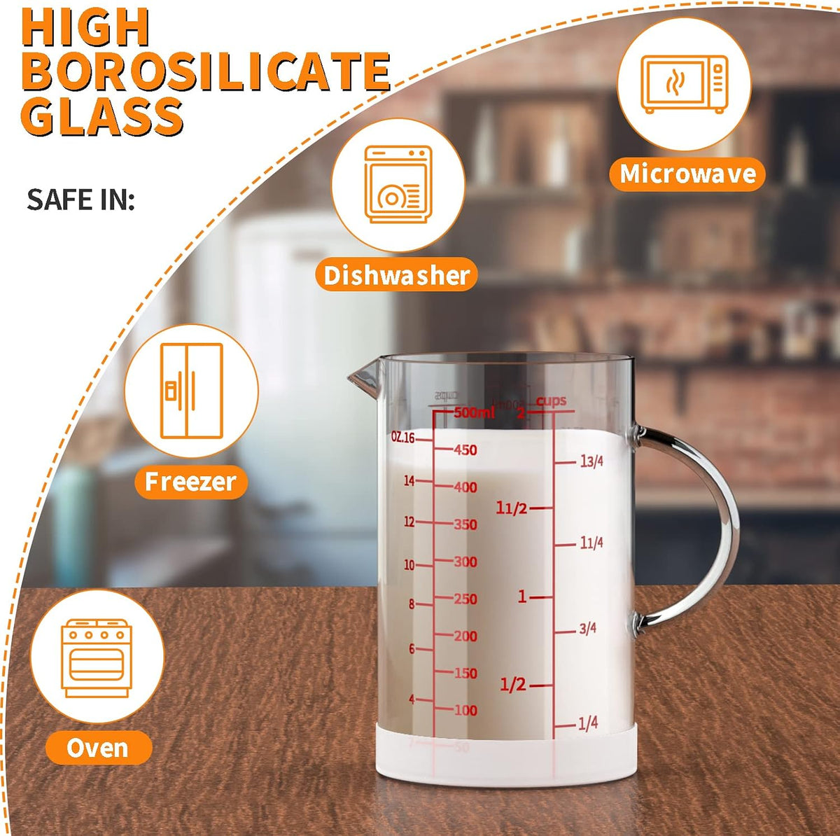 Glass Measuring Cup, 1 1/4-Cup/300 ML Liquid Measuring Cups, Measuring Cup With Handle and V-Shaped Spout, Glass Beaker with Three Scales (OZ, Cup, ML), Dishwasher/Freezer/Microwave Safe