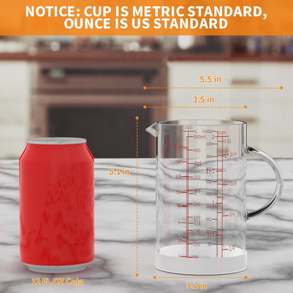 Glass Measuring Cup, 1 1/4-Cup/300 ML Liquid Measuring Cups, Measuring Cup With Handle and V-Shaped Spout, Glass Beaker with Three Scales (OZ, Cup, ML), Dishwasher/Freezer/Microwave Safe