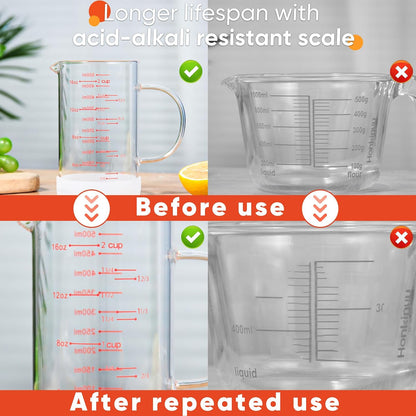 Glass Measuring Cup, 1 1/4-Cup/300 ML Liquid Measuring Cups, Measuring Cup With Handle and V-Shaped Spout, Glass Beaker with Three Scales (OZ, Cup, ML), Dishwasher/Freezer/Microwave Safe
