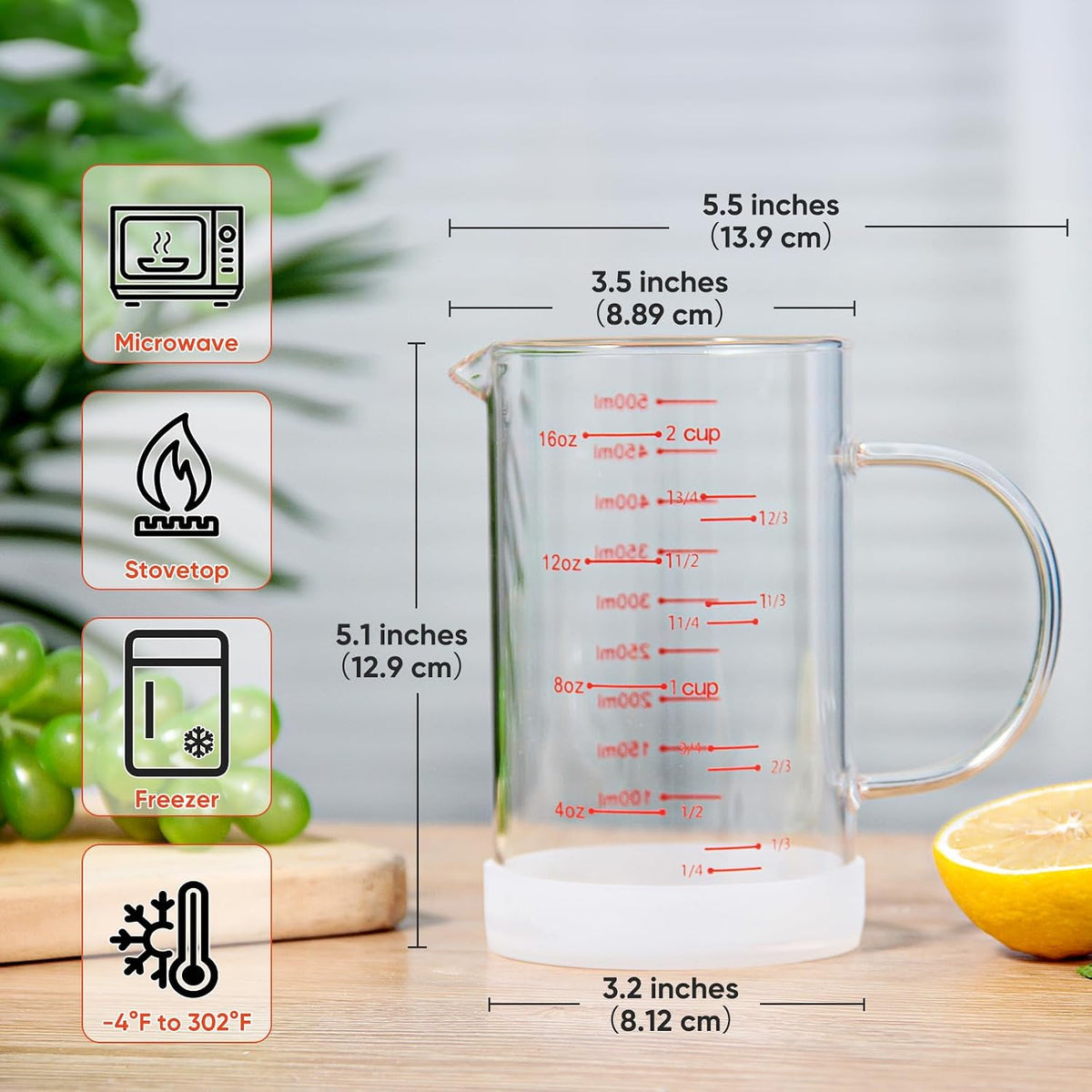 Glass Measuring Cup, 1 1/4-Cup/300 ML Liquid Measuring Cups, Measuring Cup With Handle and V-Shaped Spout, Glass Beaker with Three Scales (OZ, Cup, ML), Dishwasher/Freezer/Microwave Safe