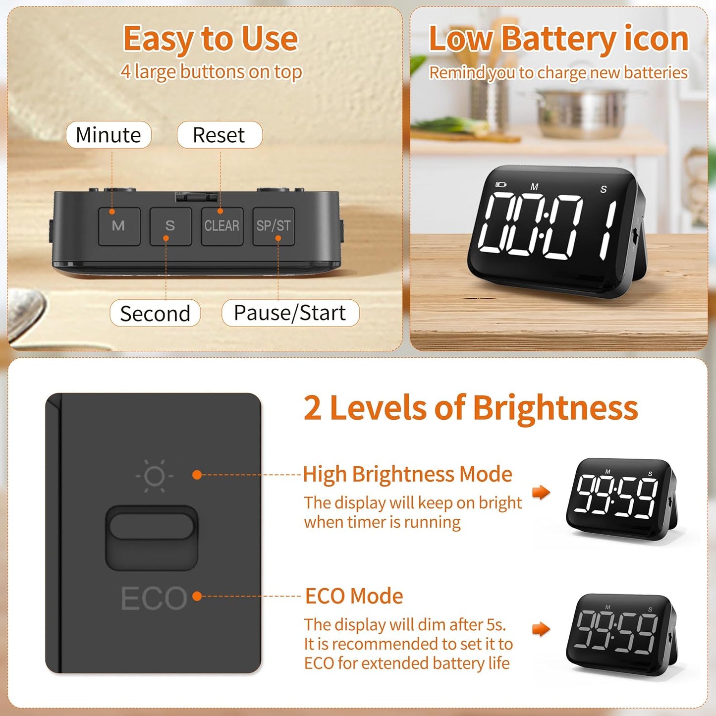 VOCOO Magnetic Kitchen Timer for Cooking with Count Up Countdown, Digital Timer Battery Powered with Large Display, 2 Brightness and Volume Levels for Classroom, Teacher, Kids