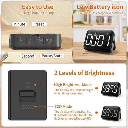 VOCOO Magnetic Kitchen Timer for Cooking with Count Up Countdown, Digital Timer Battery Powered with Large Display, 2 Brightness and Volume Levels for Classroom, Teacher, Kids