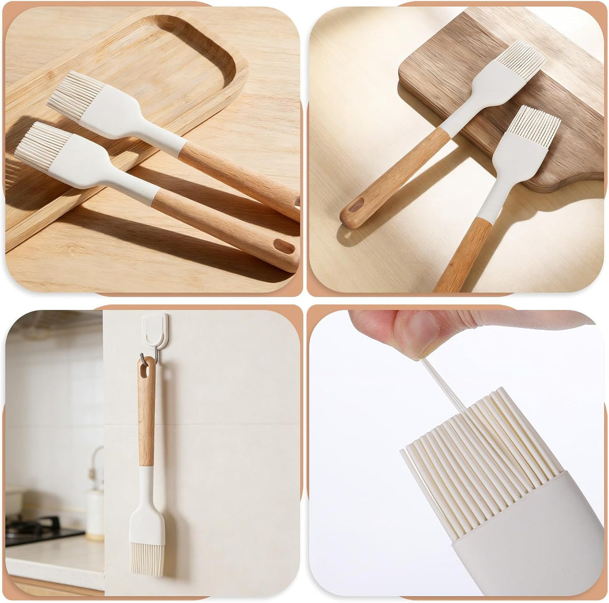 Silicone Basting Pastry Brushes, 2 Pcs Heat Resistant Pastry Brush with Wooden Handle, Oil Brush Food Cooking Brushes Kitchen Utensils for BBQ, Butter, Sauce, Marinade, Baking, Grill Dishwasher Safe