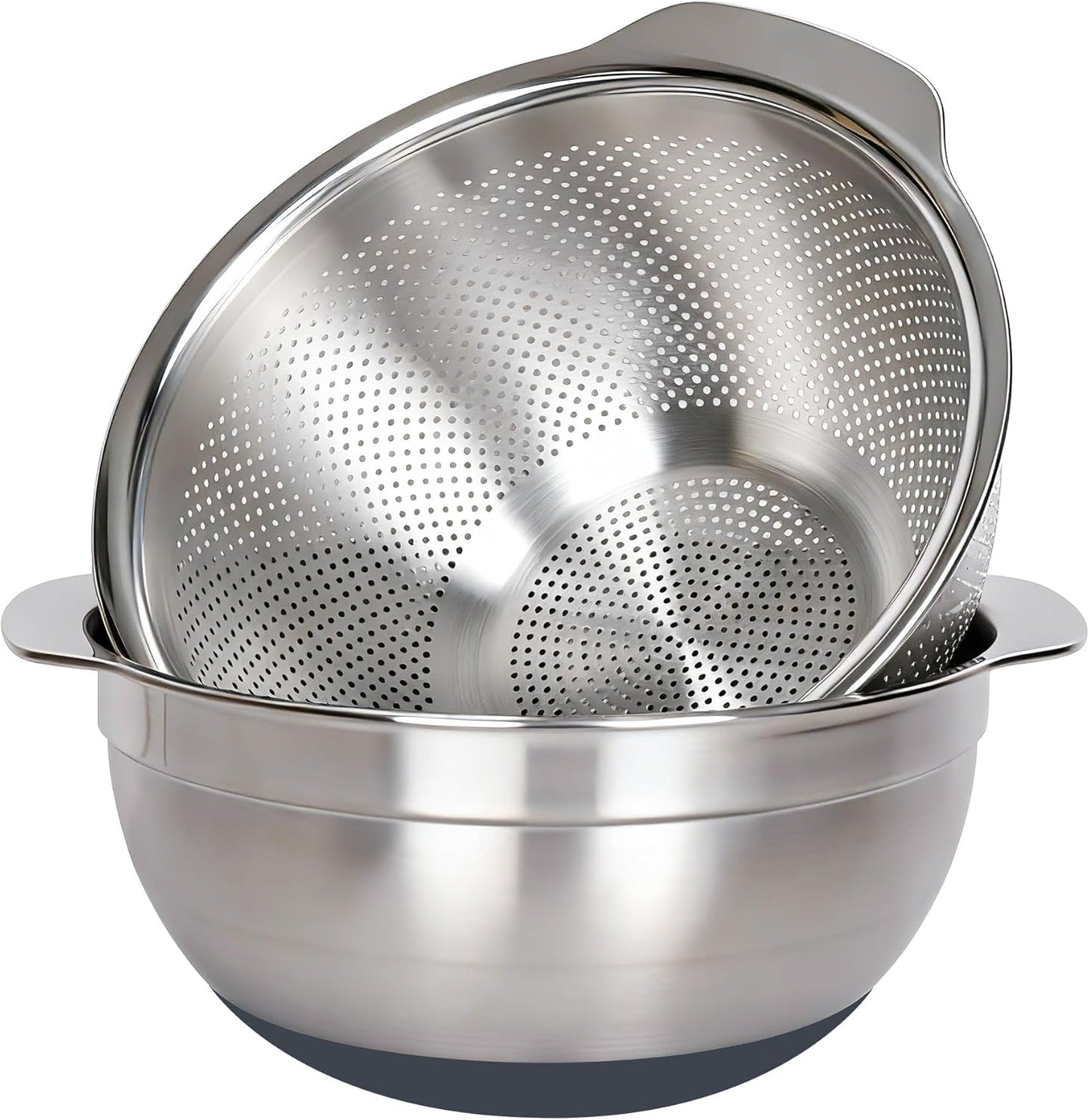 304 Stainless Steel Colander, 2.5 QT Capacity and 2.5 QT Mixing Bowl, Micropore Strainer for Washing Rice, Fruit, and Veggies, Perfect Draining for Cooked Pasta