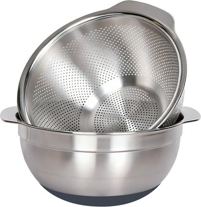 304 Stainless Steel Colander, 2.5 QT Capacity and 2.5 QT Mixing Bowl, Micropore Strainer for Washing Rice, Fruit, and Veggies, Perfect Draining for Cooked Pasta