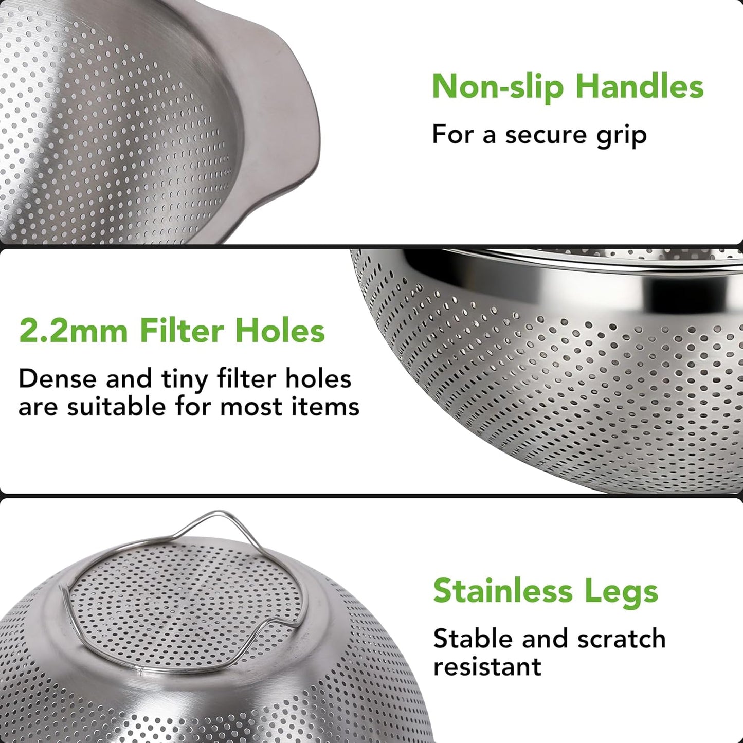 304 Stainless Steel Colander, 2.5 QT Capacity and 2.5 QT Mixing Bowl, Micropore Strainer for Washing Rice, Fruit, and Veggies, Perfect Draining for Cooked Pasta