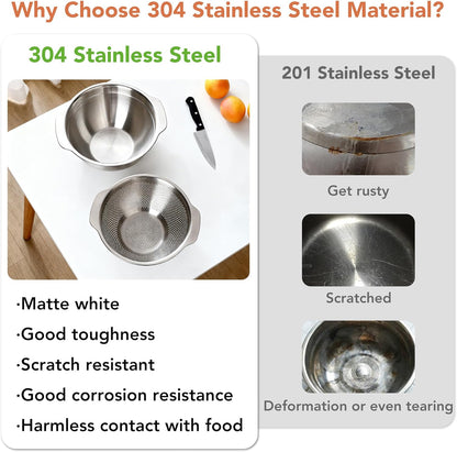 304 Stainless Steel Colander, 2.5 QT Capacity and 2.5 QT Mixing Bowl, Micropore Strainer for Washing Rice, Fruit, and Veggies, Perfect Draining for Cooked Pasta