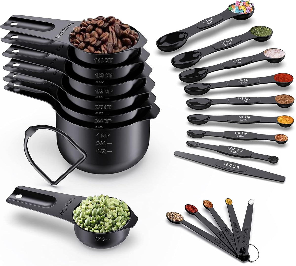 21 Piece Black Measuring Cups & Spoons, Includes 7 Stainless Steel Measuring Cups, 8 Double Sided Measuring Spoons, 1 Leveler & 5 Mini Spoons