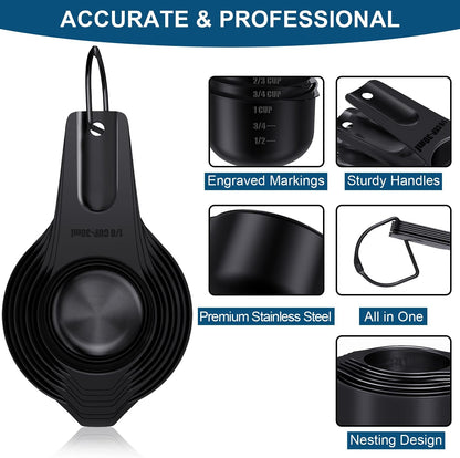21 Piece Black Measuring Cups & Spoons, Includes 7 Stainless Steel Measuring Cups, 8 Double Sided Measuring Spoons, 1 Leveler & 5 Mini Spoons