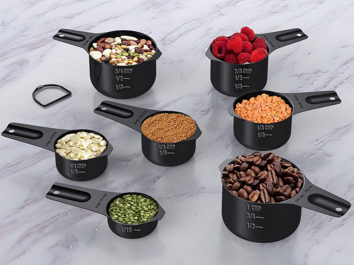 21 Piece Black Measuring Cups & Spoons, Includes 7 Stainless Steel Measuring Cups, 8 Double Sided Measuring Spoons, 1 Leveler & 5 Mini Spoons