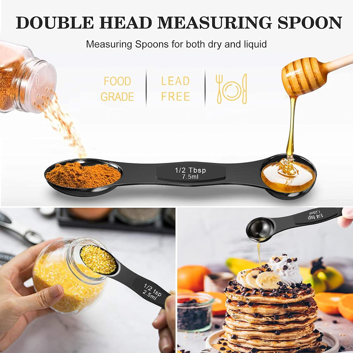 21 Piece Black Measuring Cups & Spoons, Includes 7 Stainless Steel Measuring Cups, 8 Double Sided Measuring Spoons, 1 Leveler & 5 Mini Spoons