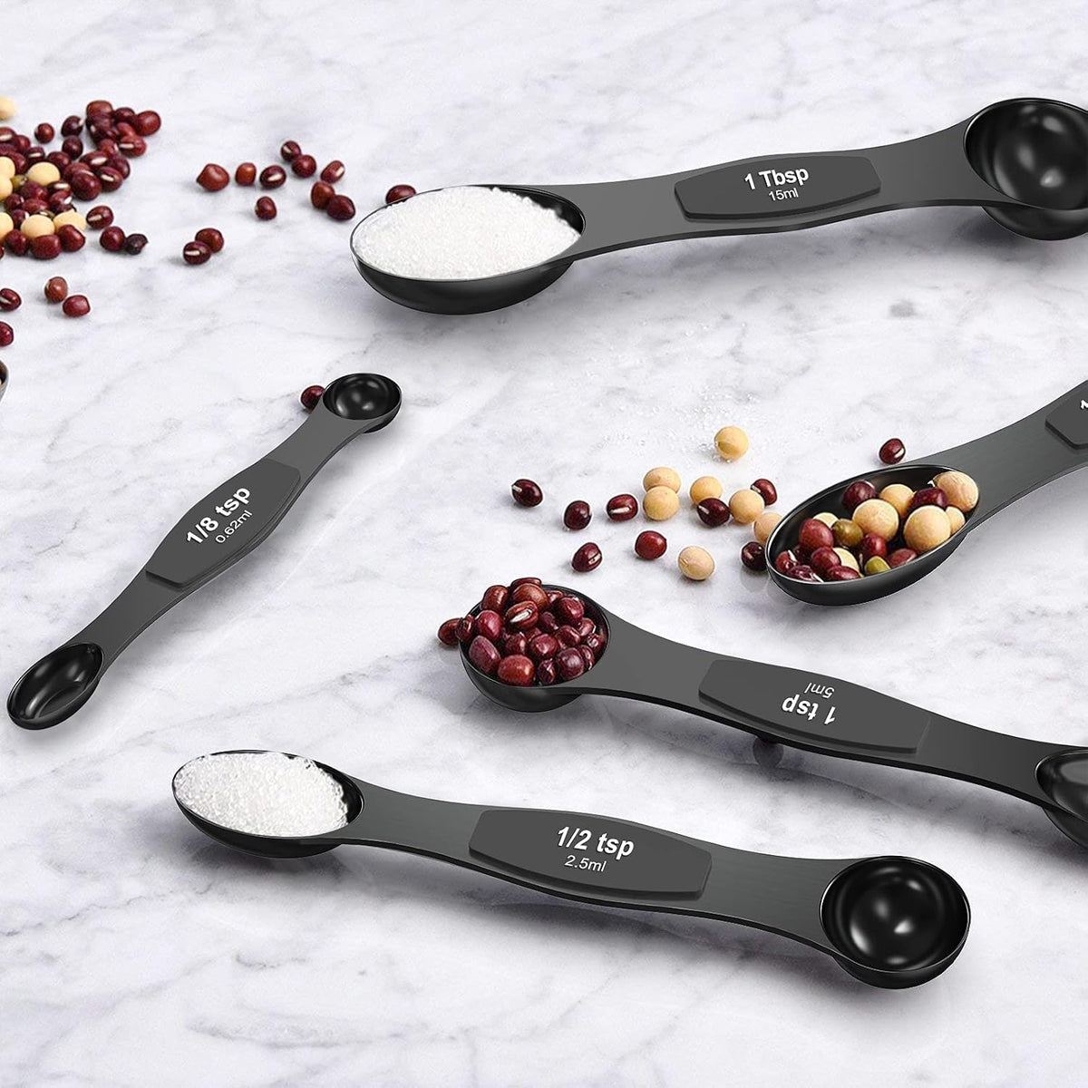21 Piece Black Measuring Cups & Spoons, Includes 7 Stainless Steel Measuring Cups, 8 Double Sided Measuring Spoons, 1 Leveler & 5 Mini Spoons