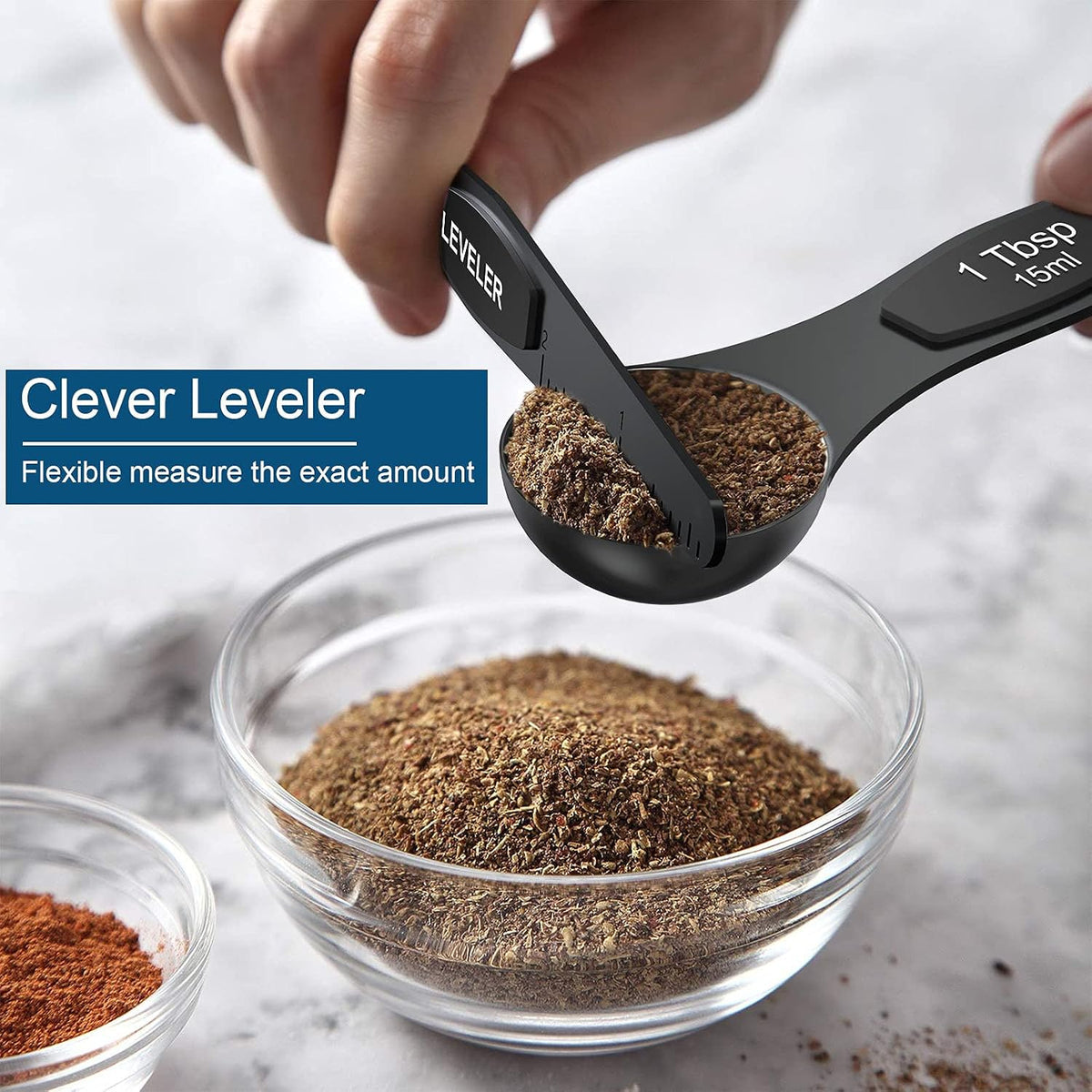 21 Piece Black Measuring Cups & Spoons, Includes 7 Stainless Steel Measuring Cups, 8 Double Sided Measuring Spoons, 1 Leveler & 5 Mini Spoons