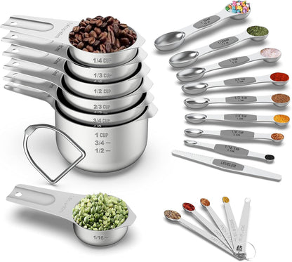 21 Piece Black Measuring Cups & Spoons, Includes 7 Stainless Steel Measuring Cups, 8 Double Sided Measuring Spoons, 1 Leveler & 5 Mini Spoons