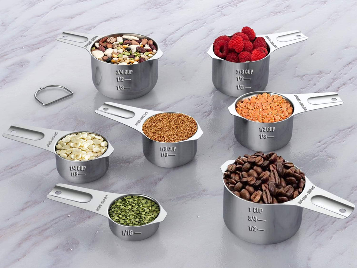 21 Piece Black Measuring Cups & Spoons, Includes 7 Stainless Steel Measuring Cups, 8 Double Sided Measuring Spoons, 1 Leveler & 5 Mini Spoons