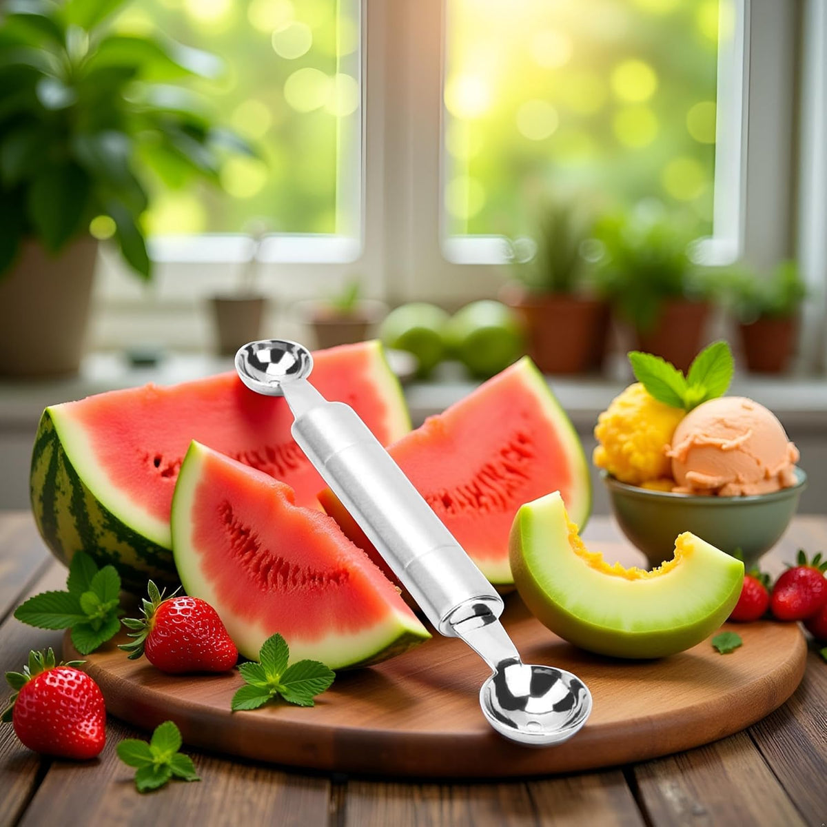 Silver Double Ended Headed Fruit Icecream Ball Spoon Melon Baller Parisienne Scoop Smooth Round Melon Balls Melon Scoop for Watermelon/Ice 30mm Melon Ballers