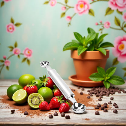 Silver Double Ended Headed Fruit Icecream Ball Spoon Melon Baller Parisienne Scoop Smooth Round Melon Balls Melon Scoop for Watermelon/Ice 30mm Melon Ballers