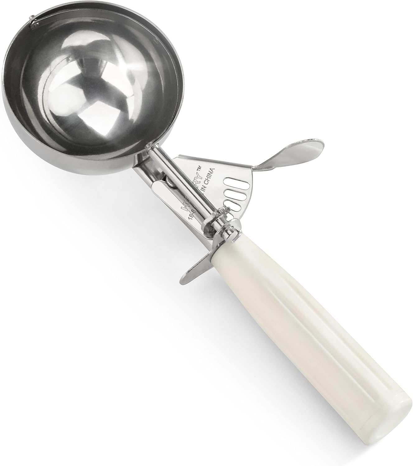 34745 Commercial-Grade Thumb Press Food Disher/Ice Cream Scoop, 18/8 Stainless Steel, 4.67 oz, Size 6, White
