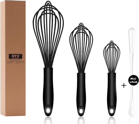 Dishwasher Safe Silicone Whisk, Sealed Waterproof Design Set of 3, Professional Kitchen Whisks for Cooking Non-Scratch, Silicone & Stainless Steel Whisk, Heat Resistant Balloon Egg Beater, Black