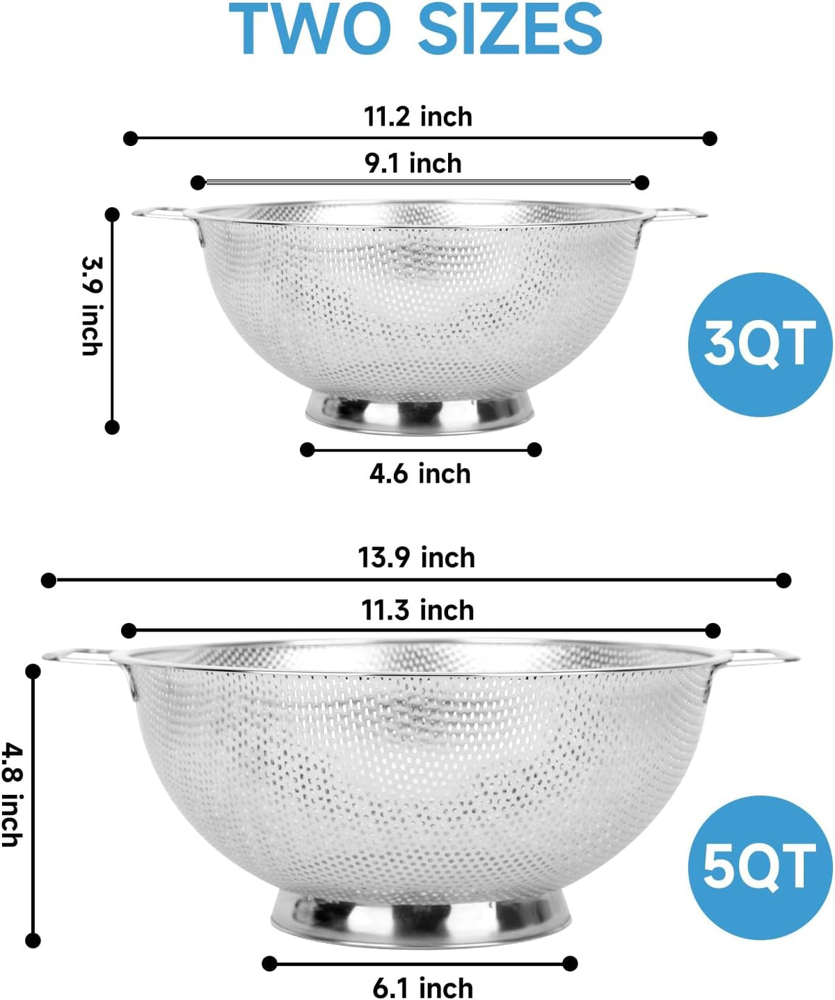 Colander for Kitchen, 3QT, Stainless Steel Colander Strainer with Handle for Fruits Vegetables Cooking Food, Dishwasher Safe