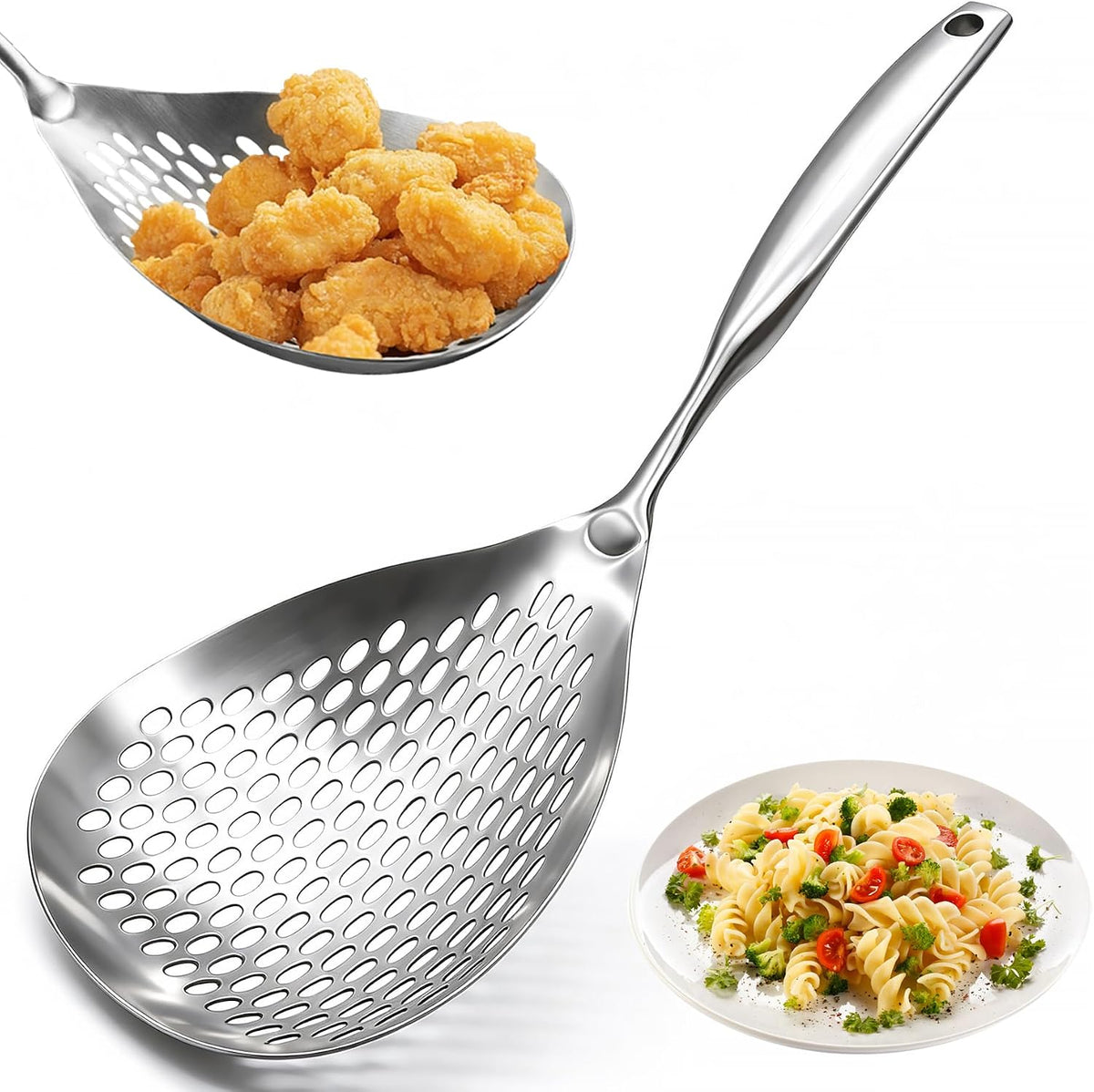 Skimmer Slotted Spoon, 304 Stainless Steel Skimmer Ladle Spoon Spider Strainer for Cooking and Frying, Pasta Strainer Spoon Frying Kitchen Cooking Colander