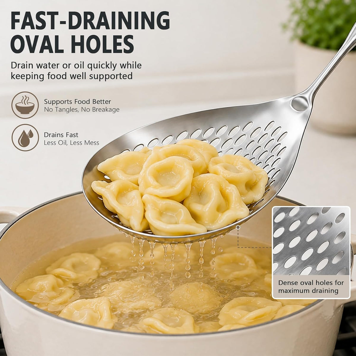 Skimmer Slotted Spoon, 304 Stainless Steel Skimmer Ladle Spoon Spider Strainer for Cooking and Frying, Pasta Strainer Spoon Frying Kitchen Cooking Colander