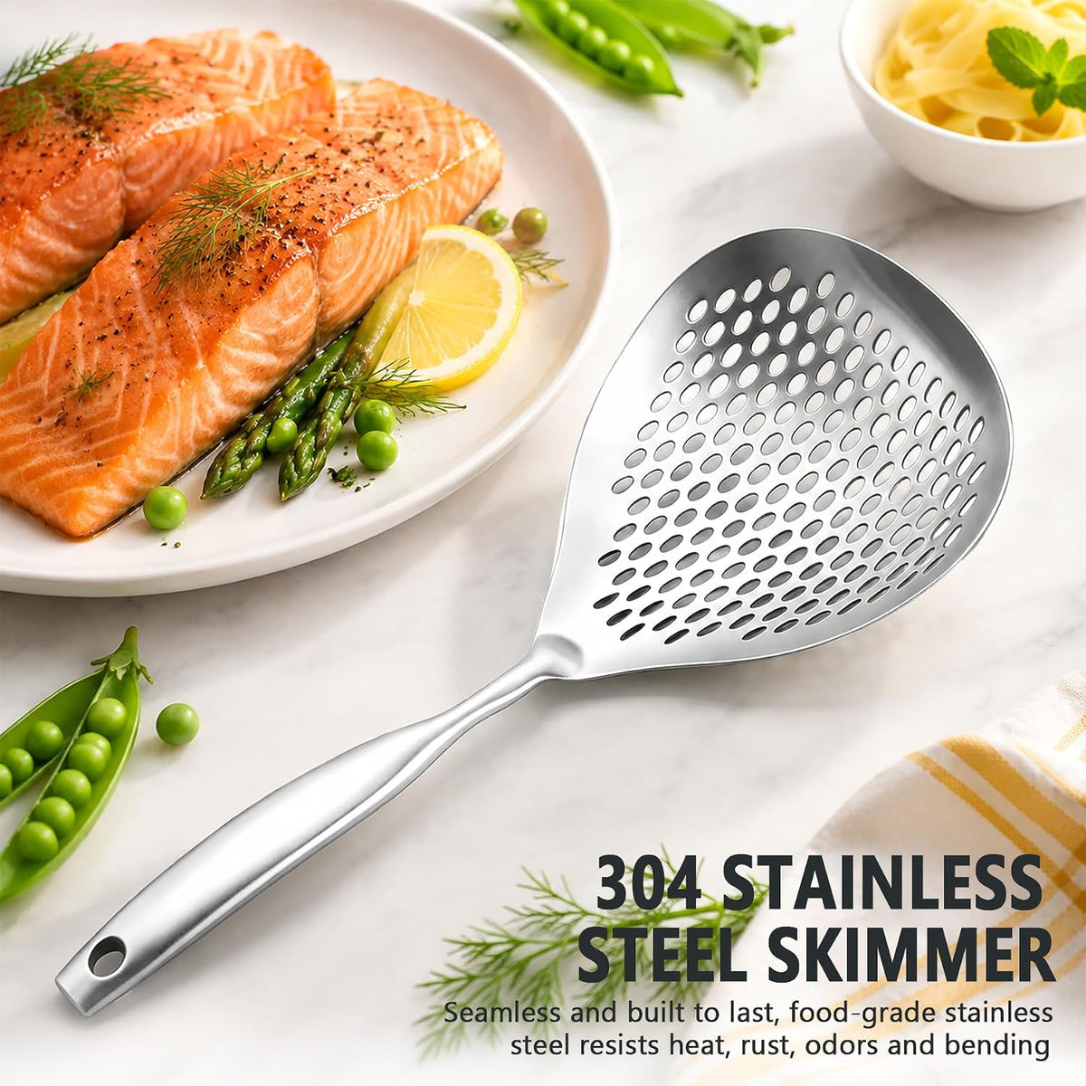 Skimmer Slotted Spoon, 304 Stainless Steel Skimmer Ladle Spoon Spider Strainer for Cooking and Frying, Pasta Strainer Spoon Frying Kitchen Cooking Colander