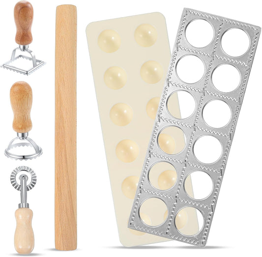 6 Pack Ravioli Mold Set 2 Inch Squares Ravioli Maker Cutter Include 1 Raviolis Maker Press 3 Pasta Cutter Stamp Makers 1 Wood Rolling Pin Pasta Making Tool(Makes 12 Ravioli)