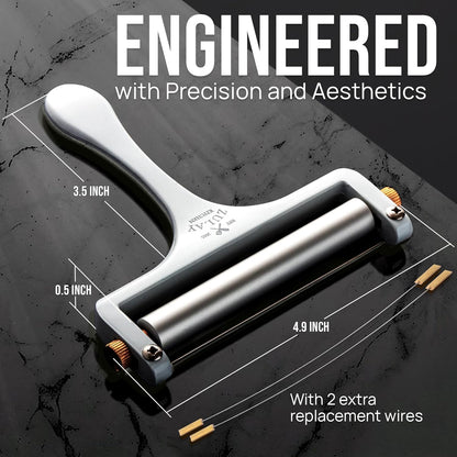 Stainless Steel Wire Cheese Slicer - Adjustable Hand Held Cheese Cutter with 2 Extra Wires - Premium Cheese Knife for Mozzarella, Cheddar, Gruyere - Cheese Cutter with Wire (Silver)