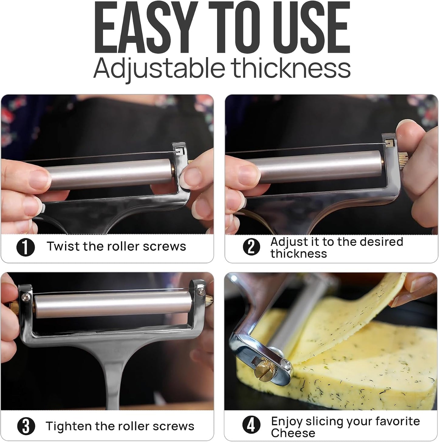 Stainless Steel Wire Cheese Slicer - Adjustable Hand Held Cheese Cutter with 2 Extra Wires - Premium Cheese Knife for Mozzarella, Cheddar, Gruyere - Cheese Cutter with Wire (Silver)