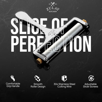 Stainless Steel Wire Cheese Slicer - Adjustable Hand Held Cheese Cutter with 2 Extra Wires - Premium Cheese Knife for Mozzarella, Cheddar, Gruyere - Cheese Cutter with Wire (Silver)