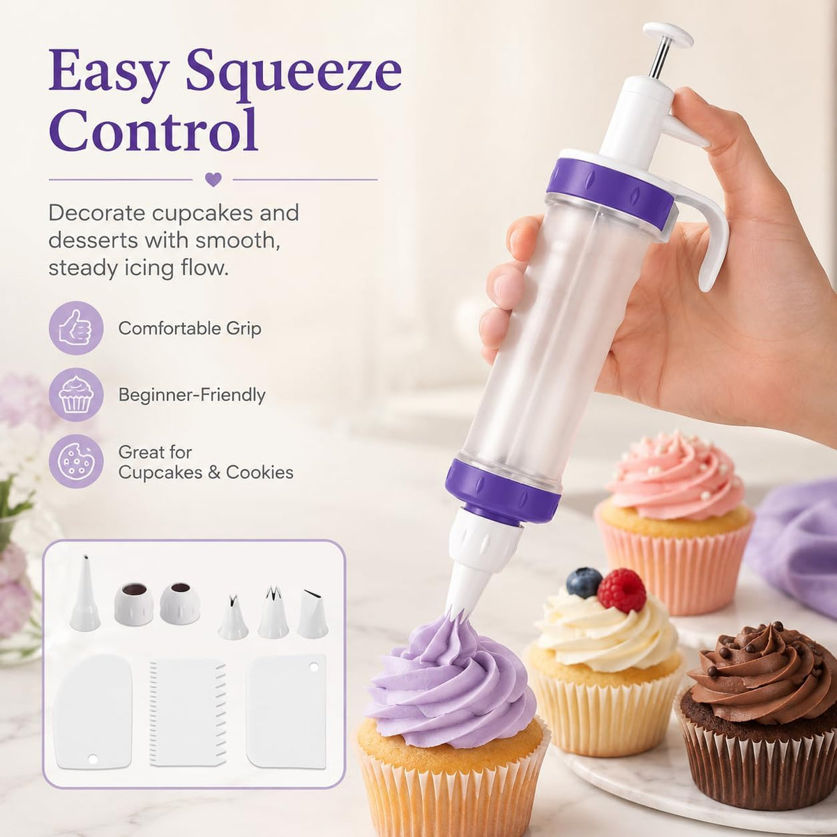 Frosting Piping Kit with Syringe Dispenser, 7 Nozzles, 3 Cake Scrapers