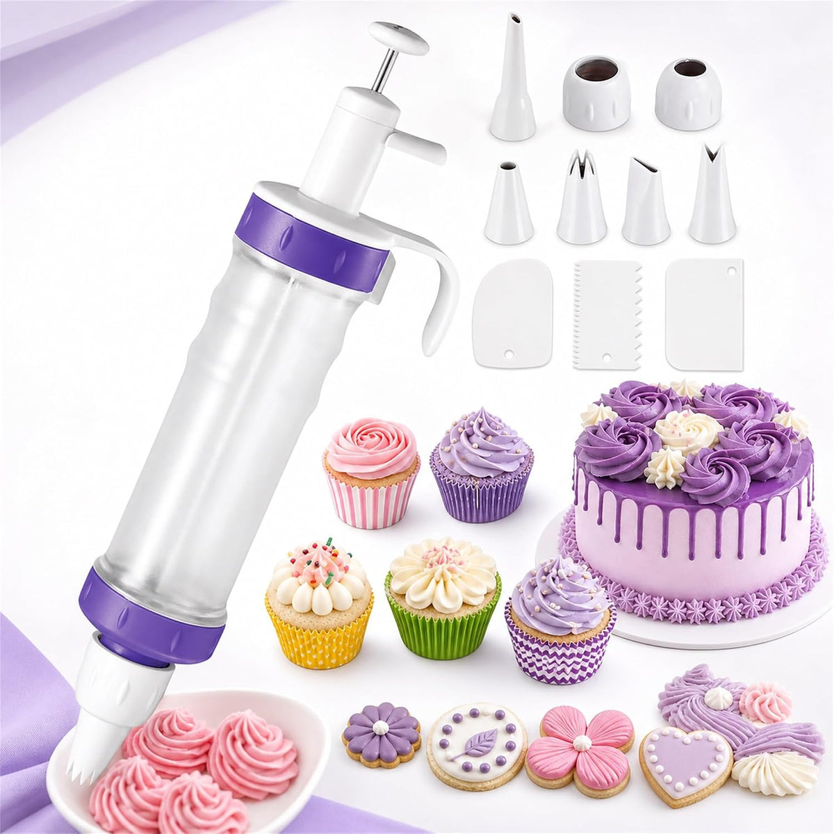 Frosting Piping Kit with Syringe Dispenser, 7 Nozzles, 3 Cake Scrapers