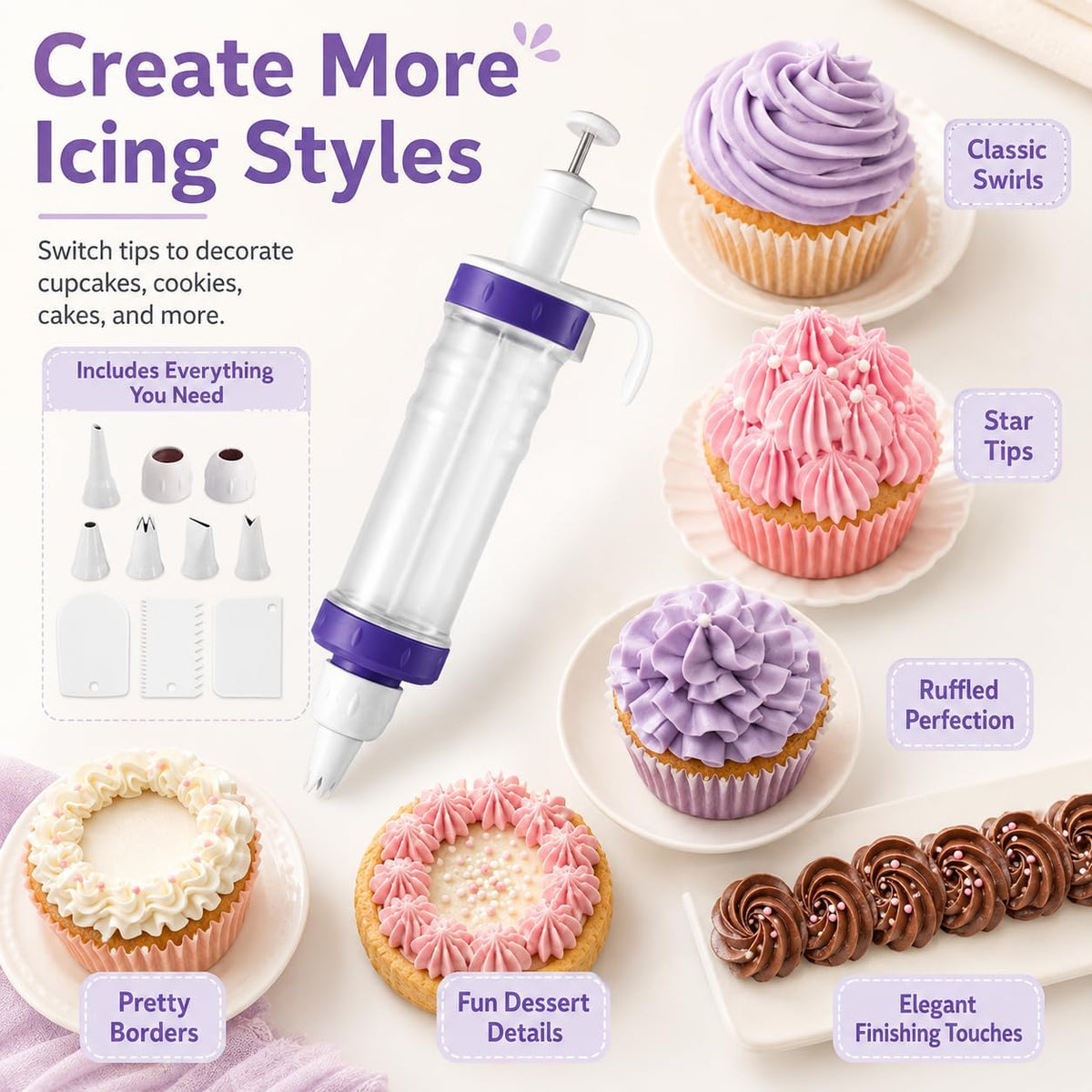 Frosting Piping Kit with Syringe Dispenser, 7 Nozzles, 3 Cake Scrapers